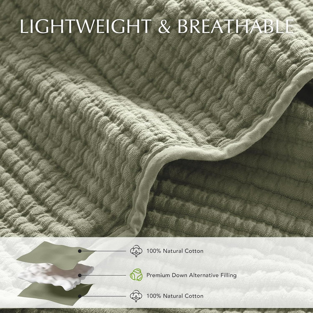 EVERGRACEHOME Cotton Coverlet Set King Size 3 Pieces, Lightweight Soft Ribbed Matelassé Bedspread Quilt Set, Cozy Oversized Quilted Bedding Set with 2 Pillow Shams for All Seasons, Light Sage Green