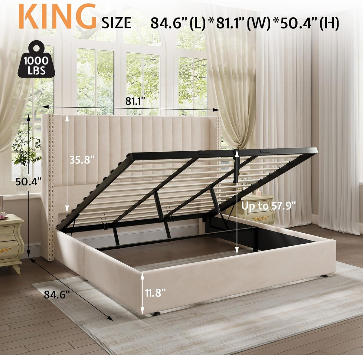 Jocisland Upholstered King Size Lift up Storage Bed Frame, Platform Bed Velvet with Channel Tufted Wingback Headboard, No Box Spring Needed, Cream