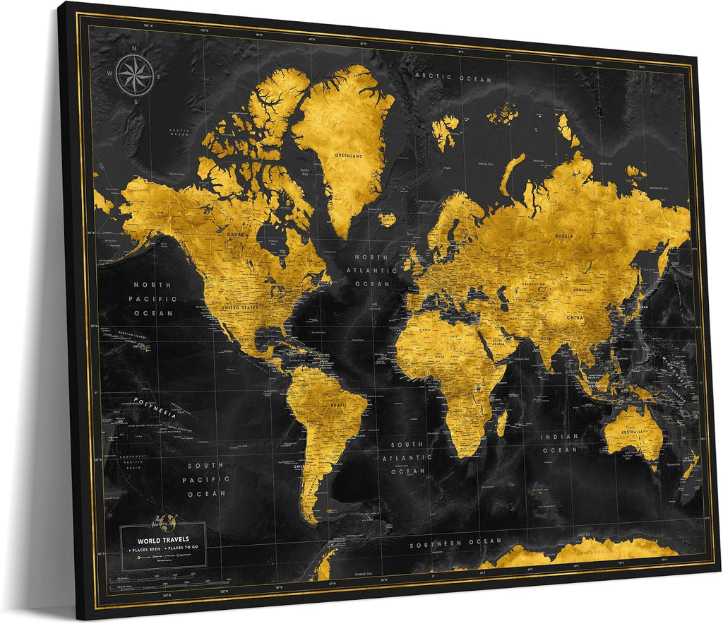 World map with pins to mark travels - World Map pinboards for globetrotters & and travel-themed interiors (32 x 24, Midnight Gold)