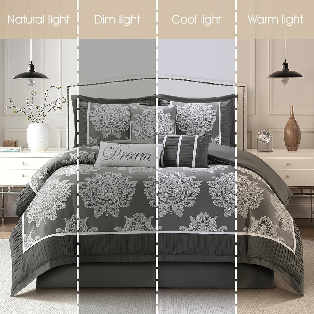 Grand Avenue Grey 7PC Comforter Set King Size, Jacquard with Matching Solid Piecework Bedding Set, All Season, Bedskirt, Pillows & Shams
