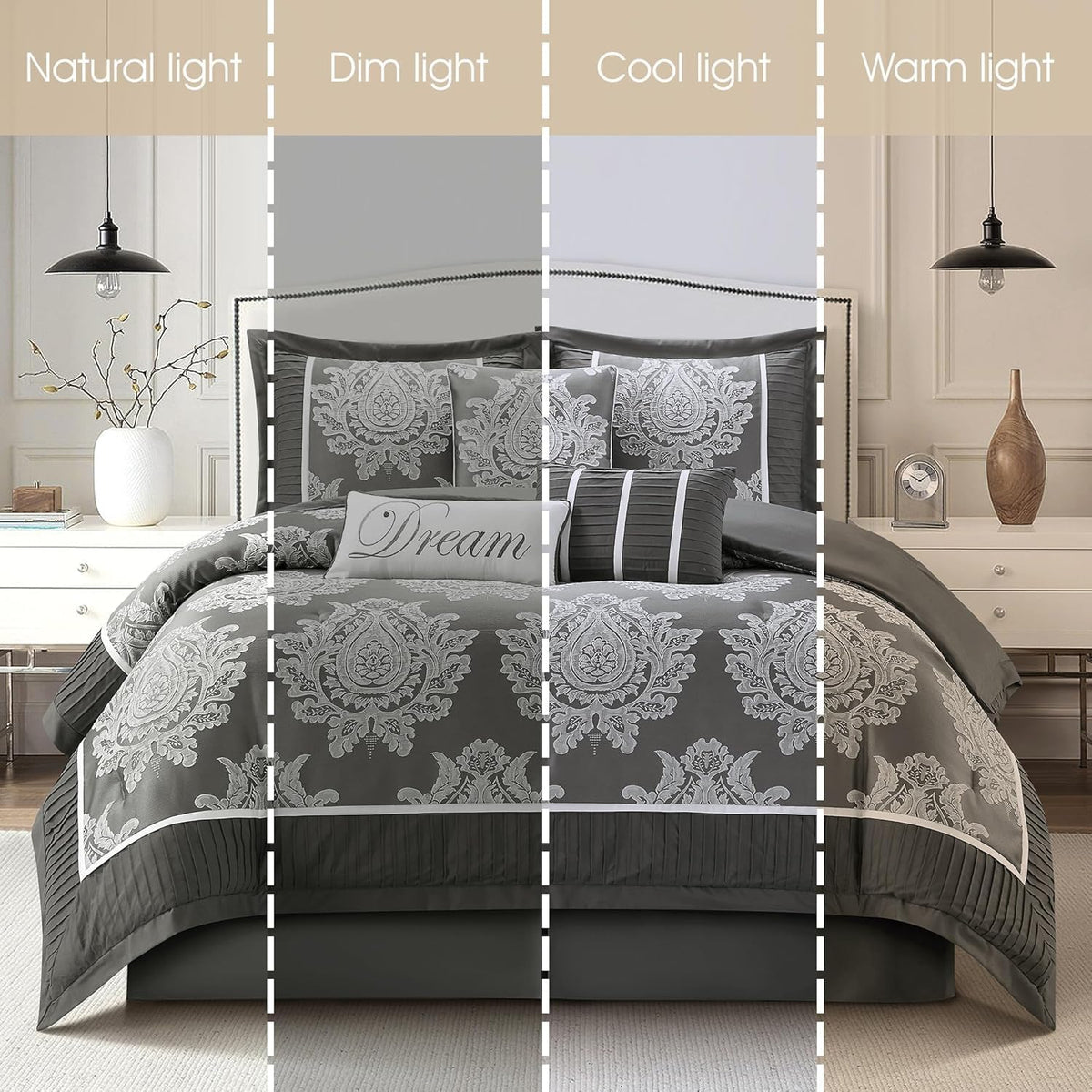 Grand Avenue Grey 7PC Comforter Set King Size, Jacquard with Matching Solid Piecework Bedding Set, All Season, Bedskirt, Pillows & Shams