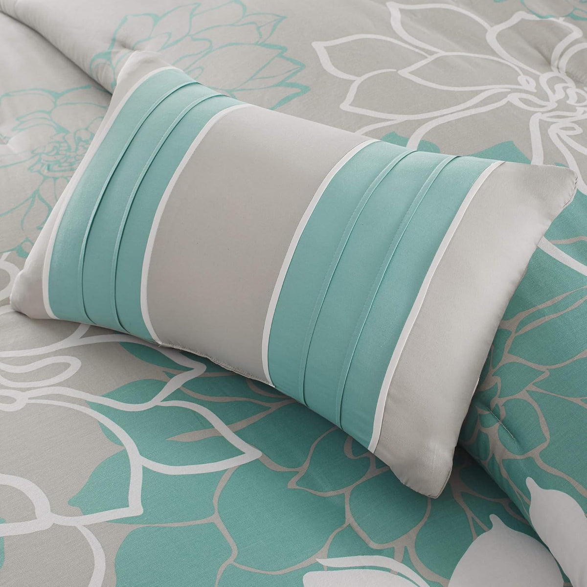 Madison Park Lola 100% Cotton Duvet Set Beautiful Floral Pattern, Ruffle Border Design All Season, Breathable Comforter Cover Bedding, Matching Shams, King(104'x92'), Aqua/Grey 6 Piece