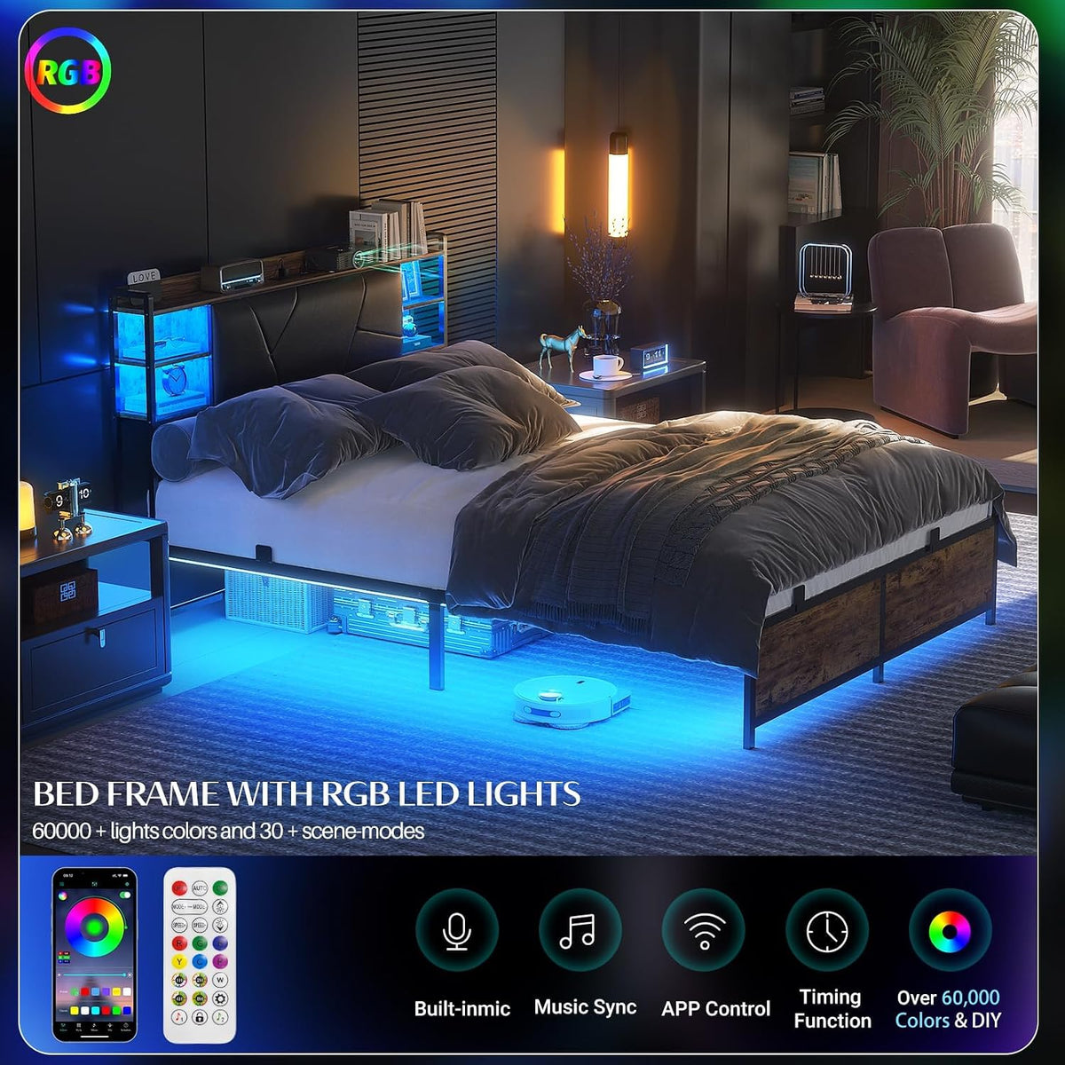 Unikito Cool Queen Size Bed Frame with RGB LED Lights and Power Outlets, Sturdy Platform Bed with Storage Upholstered Headboard, Strong Metal Slats, No Box Spring Needed, Easy Assembly, Vintage