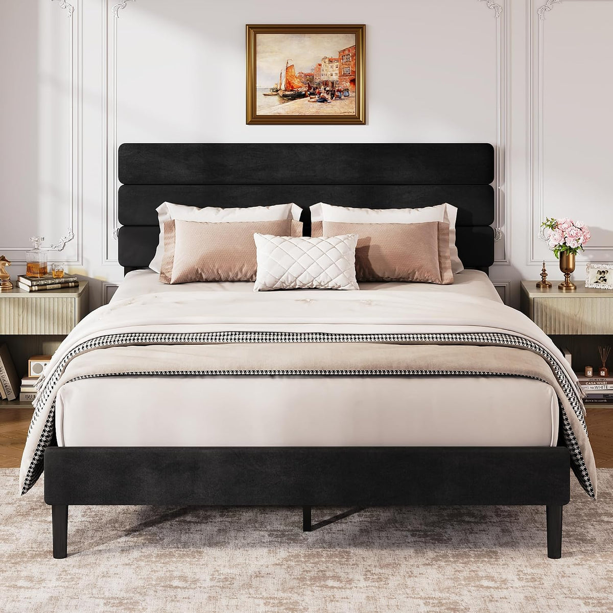 WLIVE Upholstered Bed Frame, Queen Bed Frame with Headboard, Platform Bed with Wood Slats, 1500LBS Mattress Foundation, No Box Spring Needed, Easy Assembly, Velvet Black