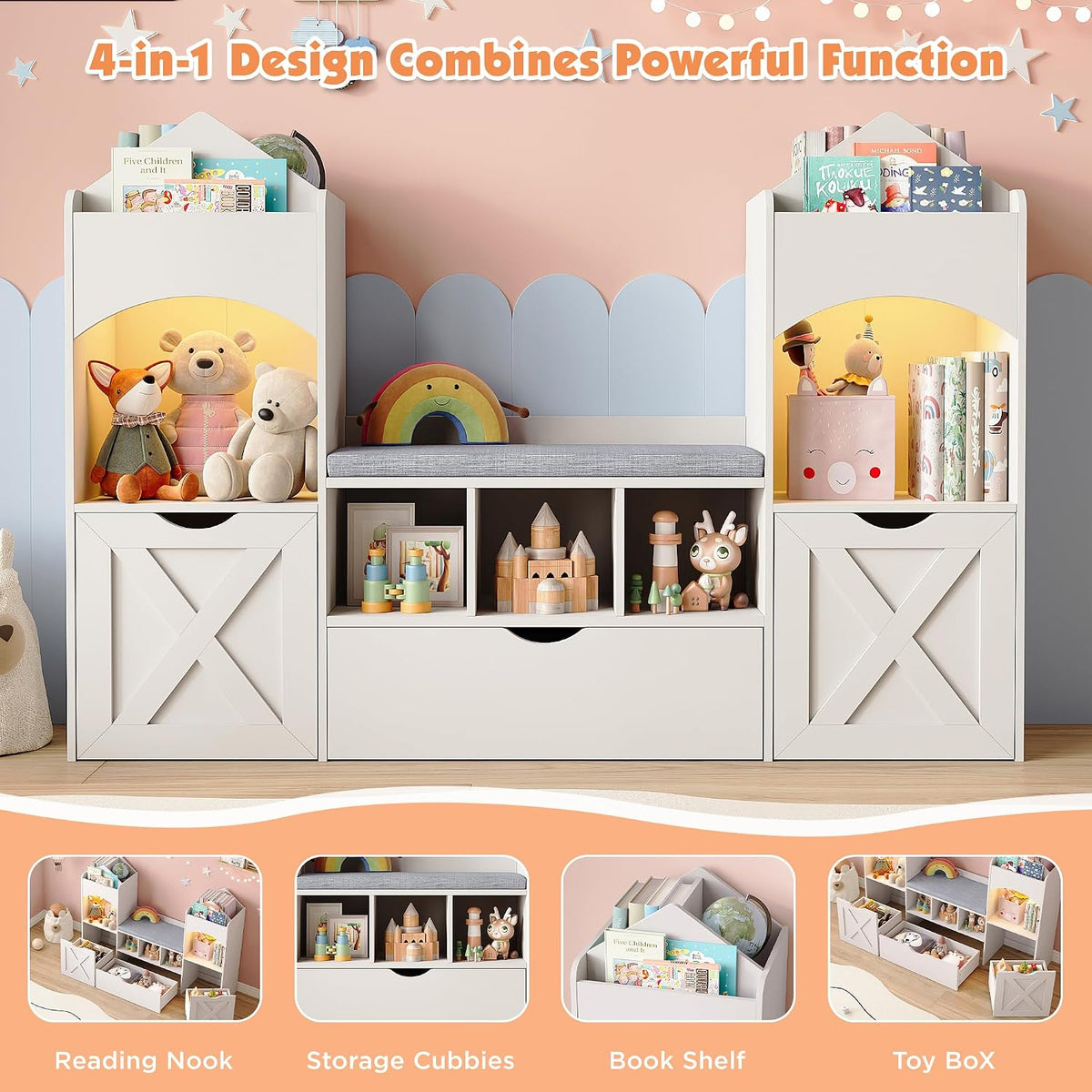 Vabches 54.3'' Kids Bookshelf with Reading Nook, Toy Storage Organizer with Seat Cushion, LED Lights and 3 Movable Drawers, Castle-Shaped Bookcase with Bench for Playroom, Nursery, Bedroom (White)