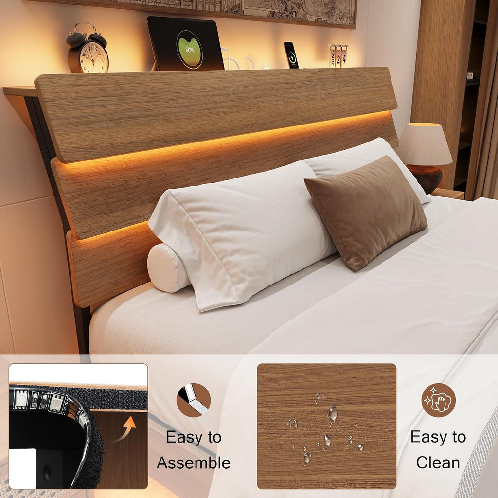 Einhomn King Size Bed Frame with LED Headboard, Floating Design with Charging Station USB Type-C and V-Shaped Support, Metal Frame, No Box Spring Needed, Noise Free, Easy Assembly, Walnut