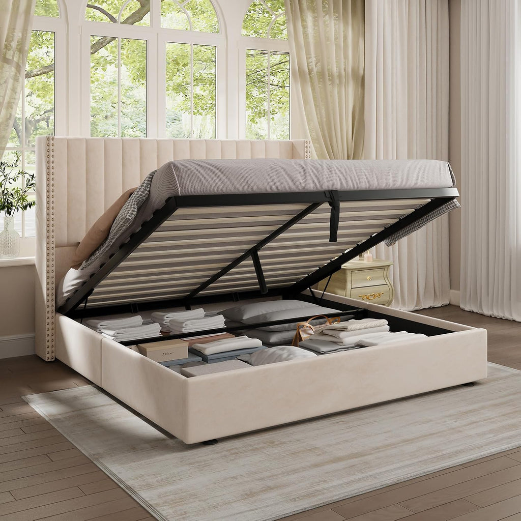 Jocisland Upholstered Queen Size Lift up Storage Bed Frame, Platform Bed Velvet with Channel Tufted Wingback Headboard, No Box Spring Needed, Cream