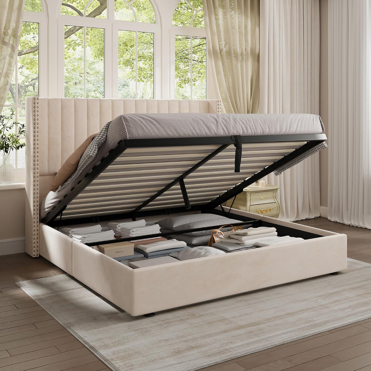Jocisland Upholstered Queen Size Lift up Storage Bed Frame, Platform Bed Velvet with Channel Tufted Wingback Headboard, No Box Spring Needed, Cream