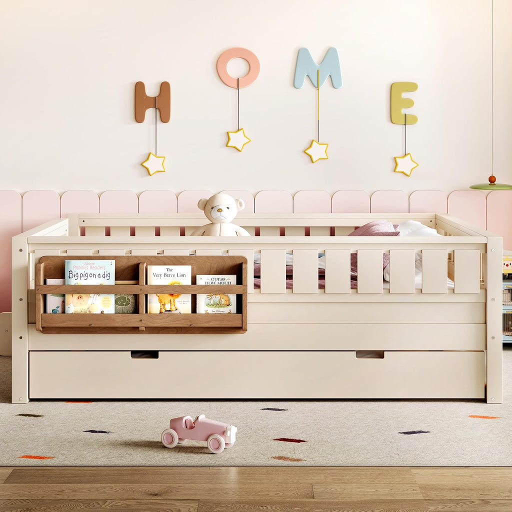 Bellemave Full Bed with Trundle and Stairs, Full Size Platform Bed Frame with Fence and Bookshelf, Easy Assemble Beds for Kids, Girls, Boys, Beige