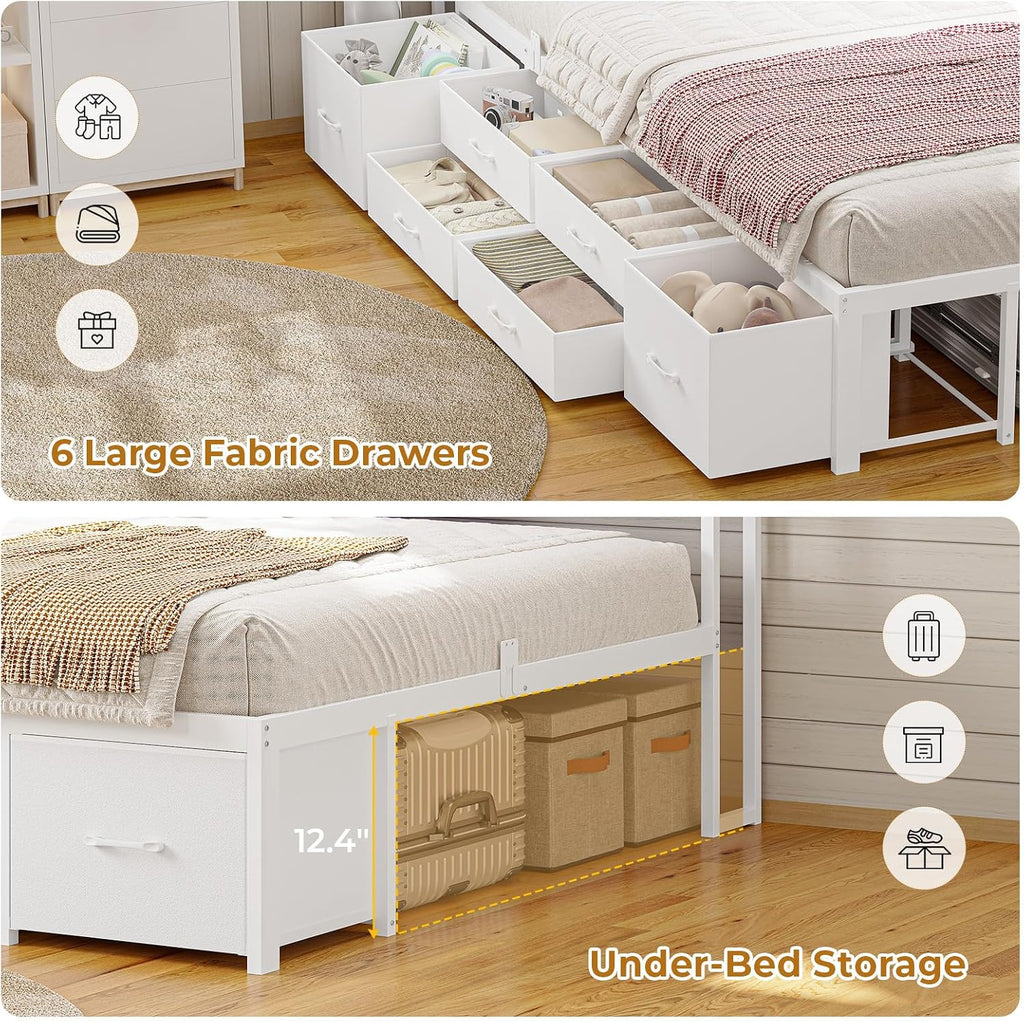 MSmask 14 Inch Corner Bed Frame with Bookcase Storage, Twin Daybed with 6 Drawers, Charging Station and LED Light, Twin Size Metal Platform Bed Frame, No Box Spring Needed, White