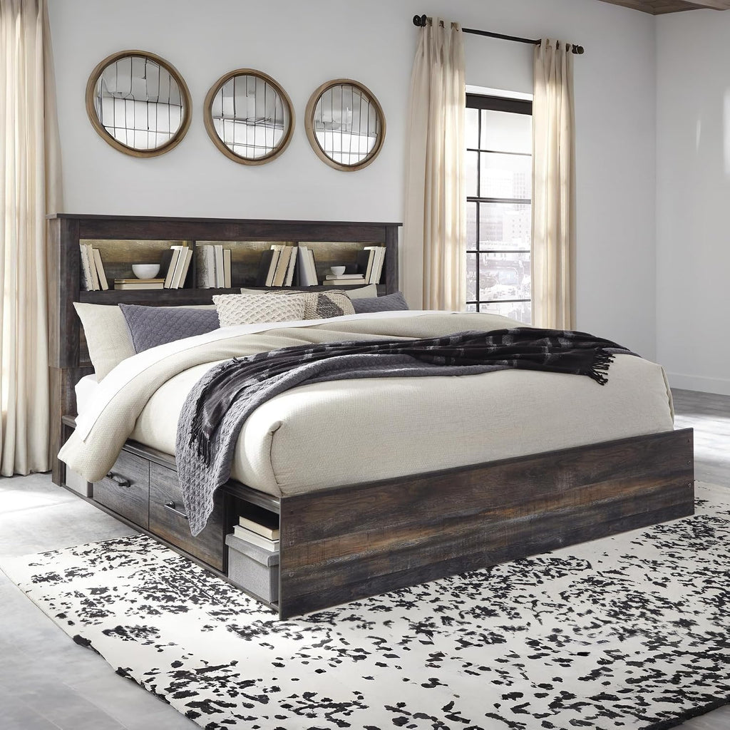 Signature Design by Ashley Drystan Rustic King Bookcase Bed with 4 Storage Drawers, Open Cubbies and LED Light, Foundation or Box Spring Not Needed, Dark Brown & Gray