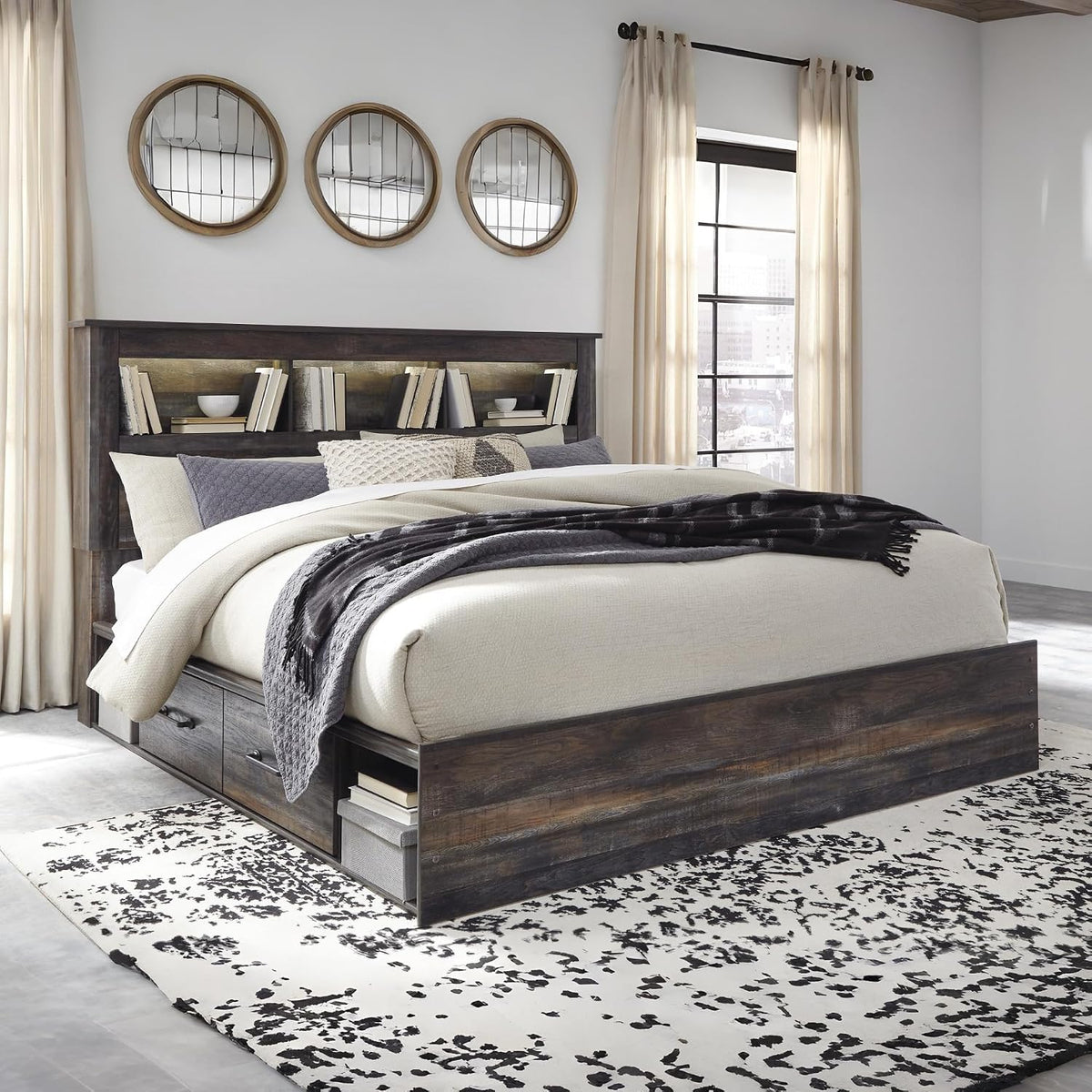 Signature Design by Ashley Drystan Rustic King Bookcase Bed with 4 Storage Drawers, Open Cubbies and LED Light, Foundation or Box Spring Not Needed, Dark Brown & Gray