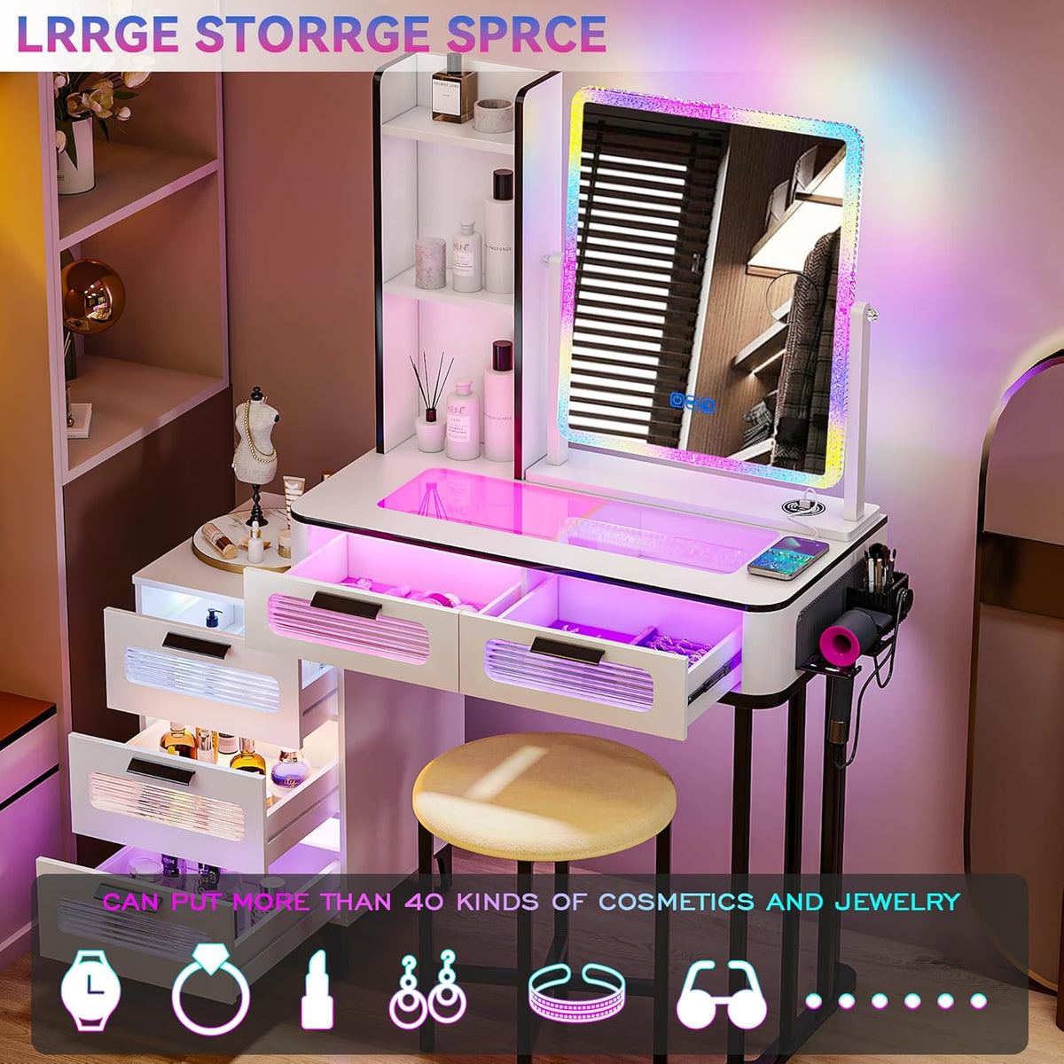 Gurexl RGB Makeup Vanity Desk with Wireless Charging Station, LED Vanity Make up Set with Visible Desktop,7 Dynamic and 7 Static Dimmable Vanity Table Set with Stool & 6 Drawers, Gift for Little Girls