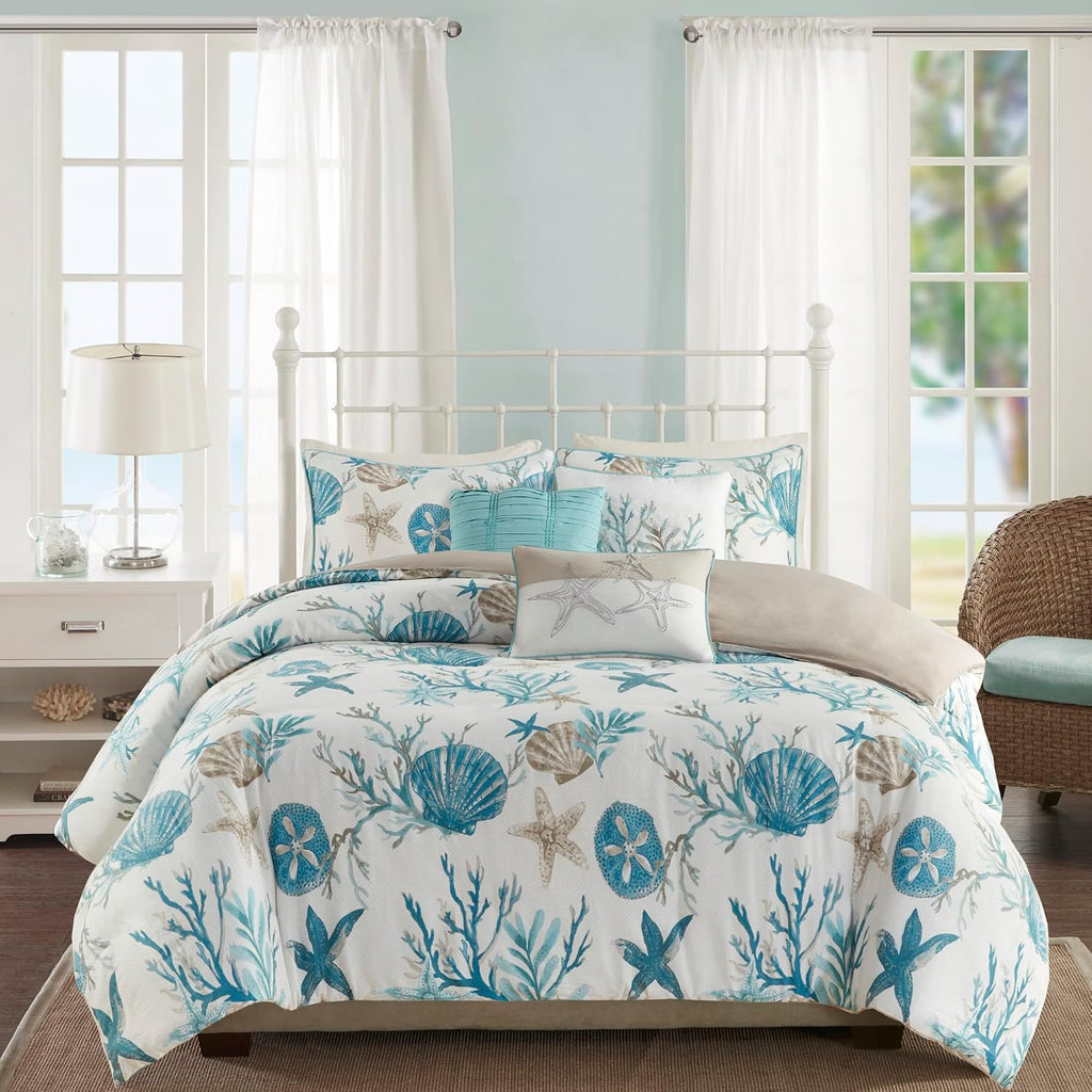 Madison Park Pebble Beach Cotton Duvet Set - Coastal, Starfish, Sealife Design, All Season, Breathable Comforter Cover Bedding, Matching Shams, Decorative Pillows, Aqua Full/Queen(90'x90') 6 Piece