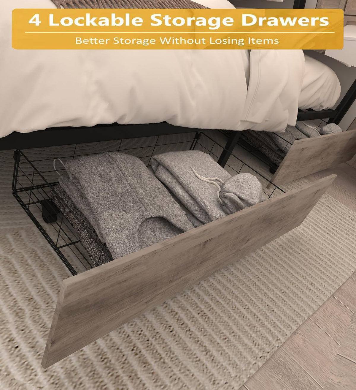 King Bed Frame with 4 Storage Drawers,Storage Headboard with Charging Station, Solid and Stable, Noise Free, No Box Spring Needed, Easy Assembly,Gray(King)
