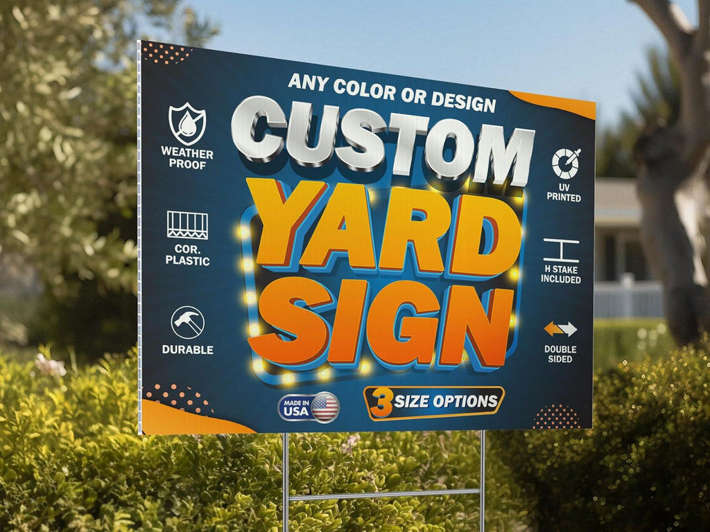 Pack of 50, Custom Yard Sign - Upload Your Design, 3 Sizes, 35 Backgrounds, 20 Fonts - Double Side Option - 4mm Coroplast, DIY Yard Sign with H Stake - Real Estate Signage