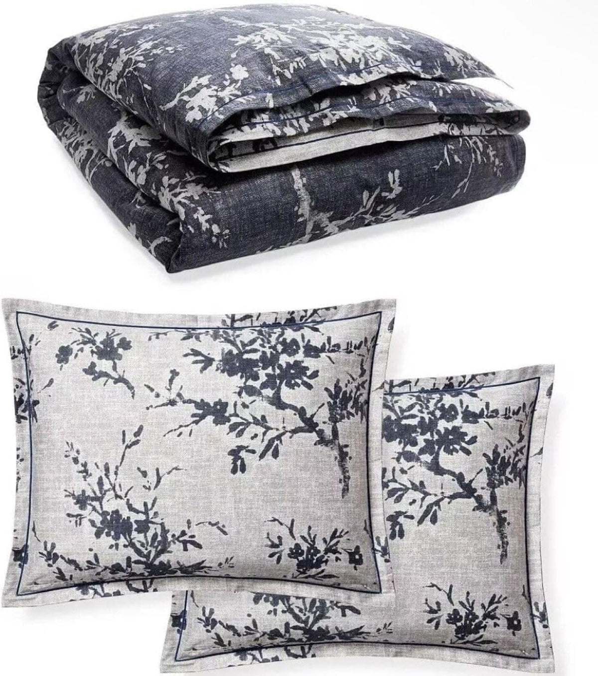 Lauren Ralph Lauren Navy Grey Eva Leaf Floral Botanical 3 pc Queen Comforter Set Luxurious 100% Cotton Smooth Sateen Hand. Navy Reversible to Grey.