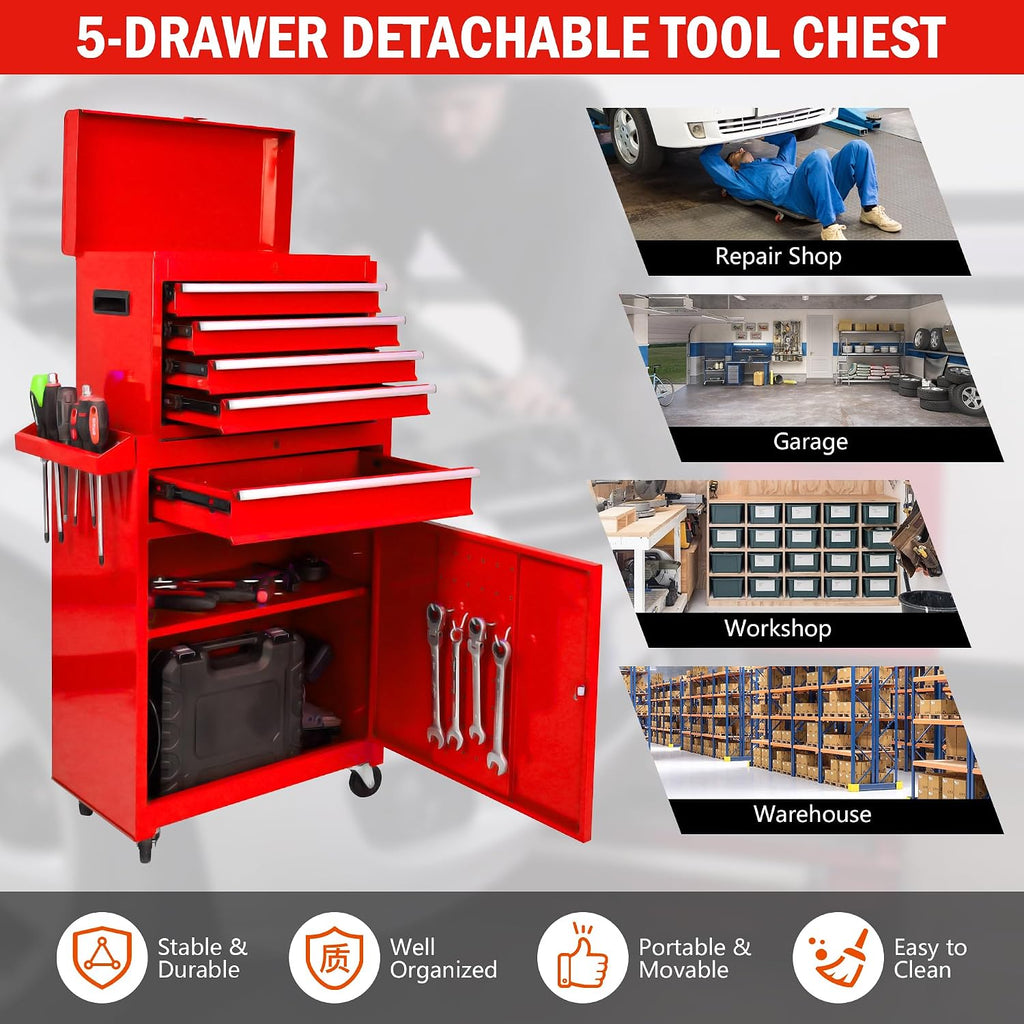 5-Drawer Tool Chest, Rolling Tool Box with Detachable Top Toolbox & Universal Wheels, Tool Cabinet with Lock Bar, Protective Liner & Tool Rack, Metal Storage Cart for Workshop,Garage (Red)