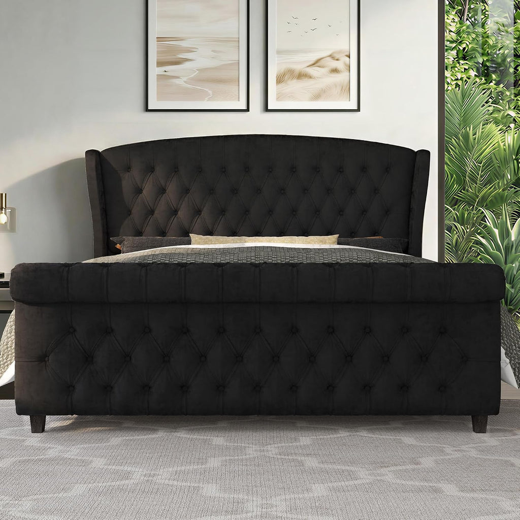 LUXOAK King Size Platform Bed Frame, Velvet Upholstered Sleigh Bed with Curved Headboard & Footboard, Deep Button Tufted, Wood Slats Support, No Box Spring Needed, Black
