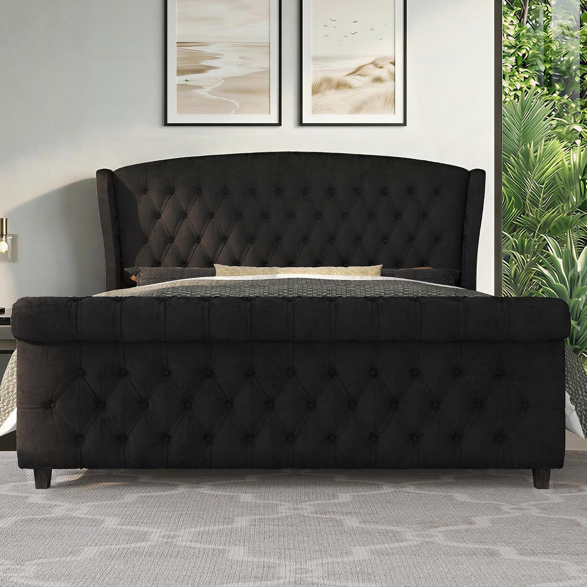 LUXOAK King Size Platform Bed Frame, Velvet Upholstered Sleigh Bed with Curved Headboard & Footboard, Deep Button Tufted, Wood Slats Support, No Box Spring Needed, Black