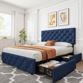 GarveeHome Queen Size Bed Frame with 4 Storage Drawers and Adjustable Headboard, Linen Upholstered Platform Beds, Diamond Stitched Button Tufted, No Box Spring Needed, Blue