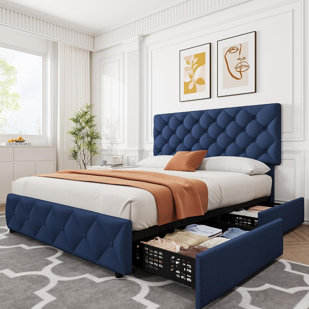 GarveeHome Queen Size Bed Frame with 4 Storage Drawers and Adjustable Headboard, Linen Upholstered Platform Beds, Diamond Stitched Button Tufted, No Box Spring Needed, Blue