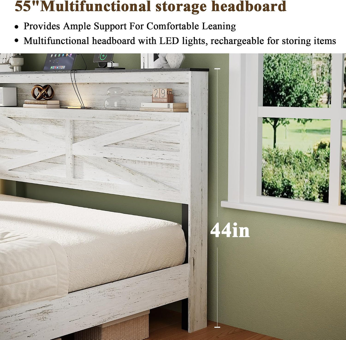 Farmhouse Full Size Bed Frame with Headboard Storage, Wood Platform Bed Frame with LED Lights & Charging Station, No Box Spring Needed, Noise-Free Sturdy Structure, Rustic White