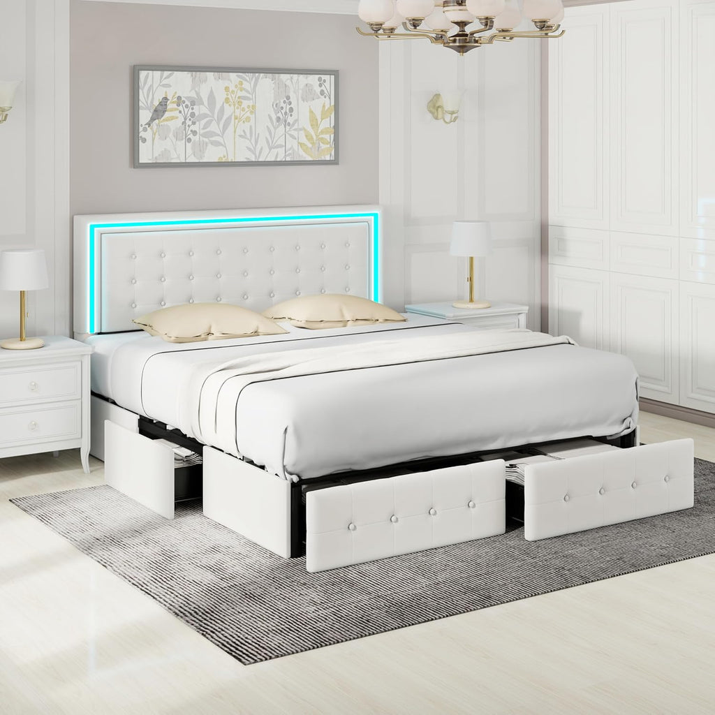 King Size Led Bed Frame with 4 Storage Drawers, Smart Control RGB LED Lights on Headboard, with Remote Control, Upholstered Adjustable Headbaord, Velvet
