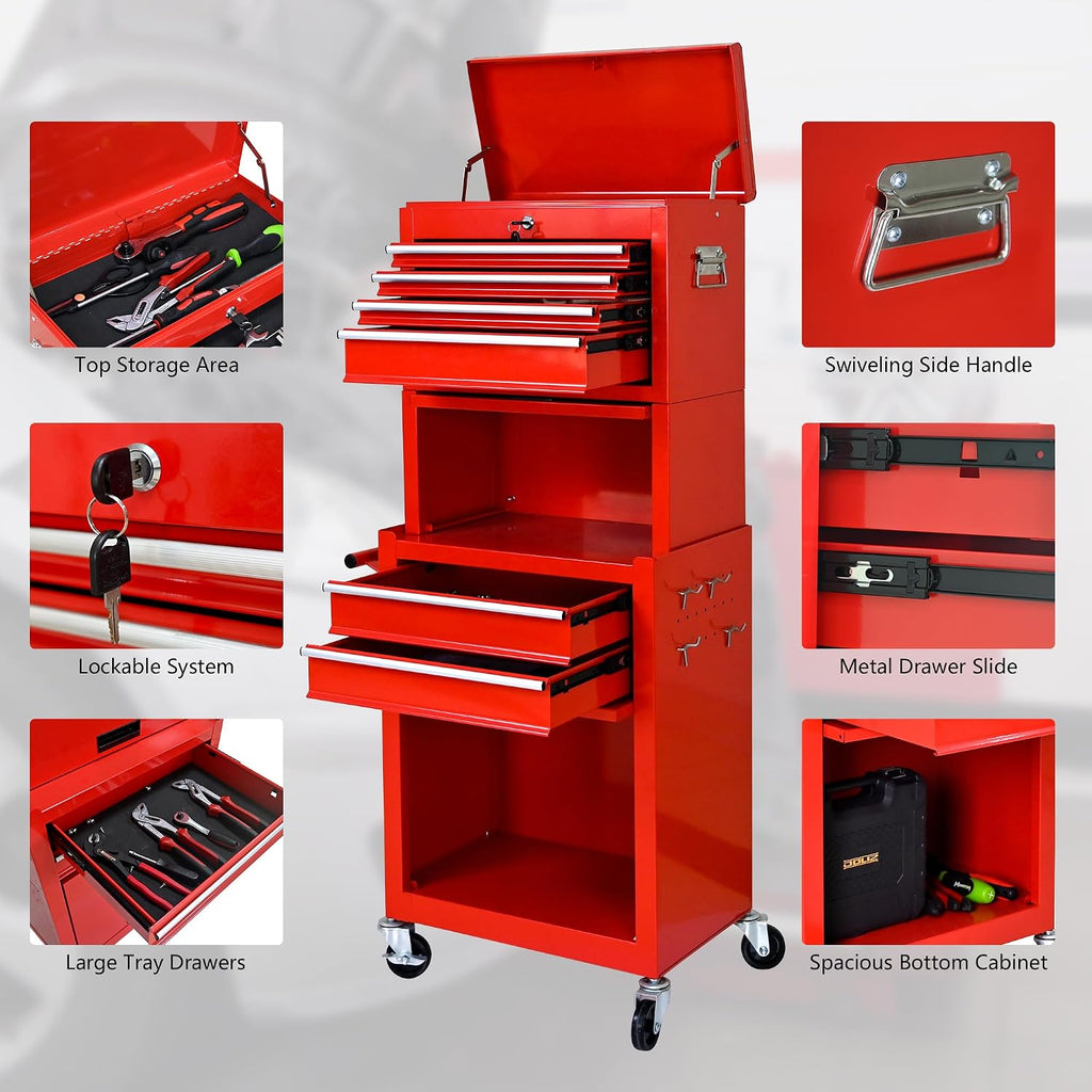 6-Drawer Tool Chest, 3-in-1 Rolling Tool Box with Detachable Top Toolbox & Key Lock,Tool Cabinet with Protective Liner & Universal Lockable Wheels,Metal Storage Cart for Garage,Workshop (Red)