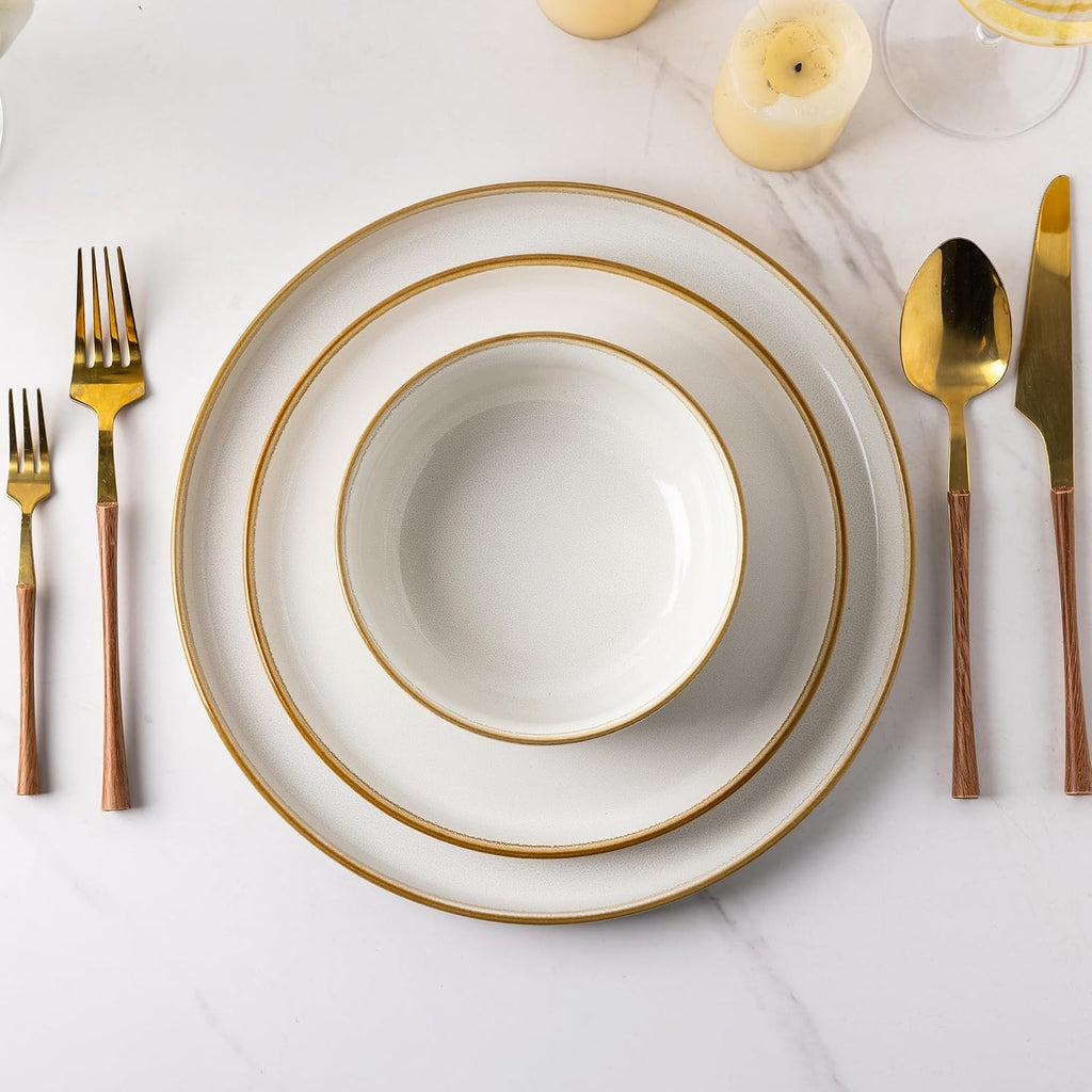 GBHOME Ceramic Dinnerware Sets for 8, 24 Pieces Stoneware Plates and Bowls Sets, Scratch Resistant Dishes, Dishwasher & Microwave Safe, Reactive Glaze-Pearl White
