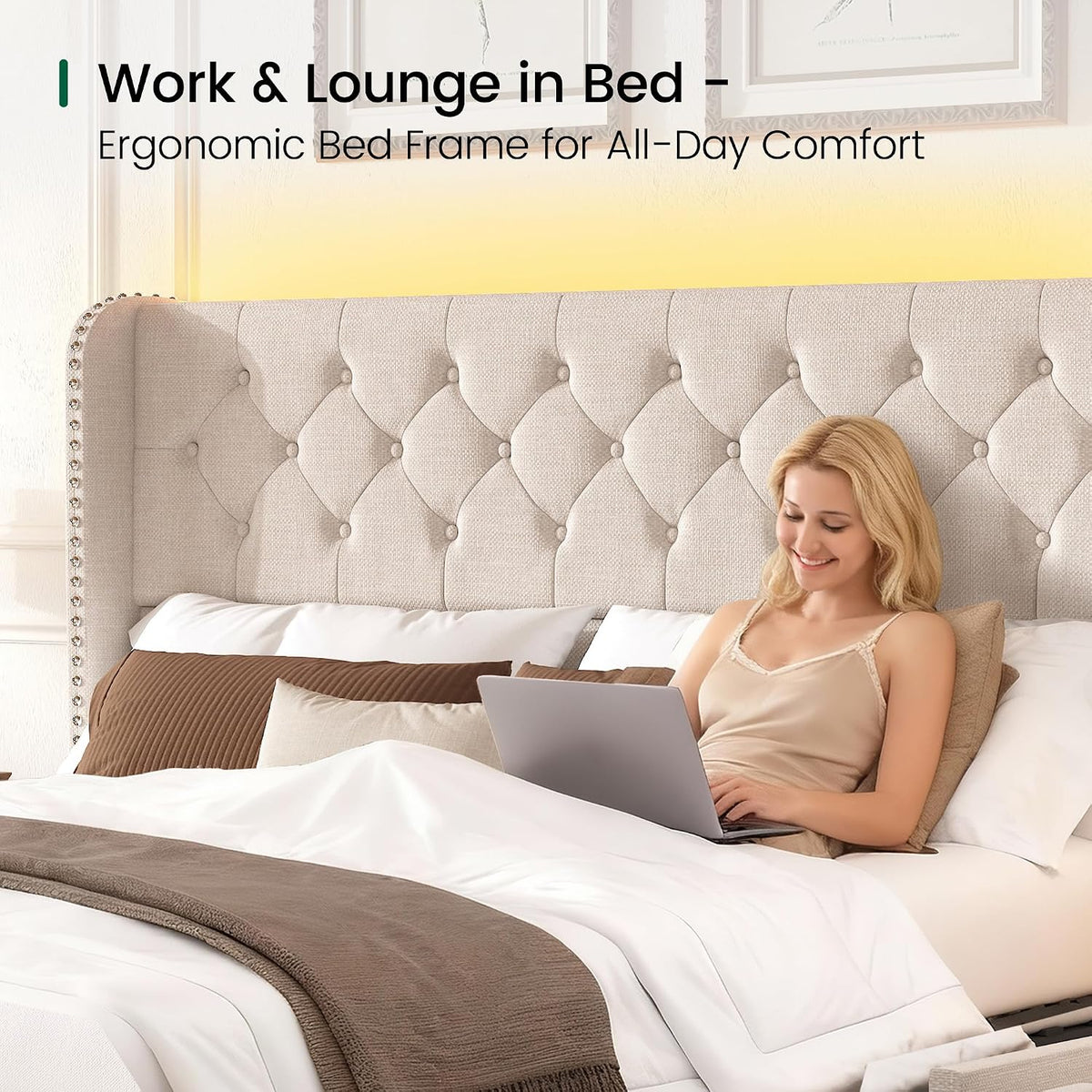 LARMACE King Size Bed Frame with LED Lights and 4 Storage Drawers Linen Upholstered Platform Bed Frame with 47.2' Tall Tufted Headboard Wingback, No Box Spring Needed, Easy to Assemble, Beige