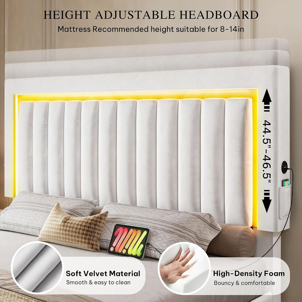 YITAHOME King Size Bed Frame with Adjustable Headboard, 4 Storage Drawers and RGB LED Lights, Velvet Upholstered Platform Bed with USB Ports, No Box Spring Needed, Fast Assembly, Noise-Free, White