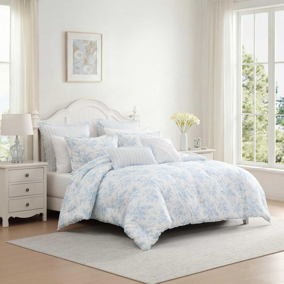 Laura Ashley - Queen Bonus Comforter Set, Soft Reversible Bedding Set, 7 Piece Bed Set with Matching Pillowcases, Euro Shams, & Throw Pillow Covers (Annalise Floral/Dilly Dally Stripe Blue)