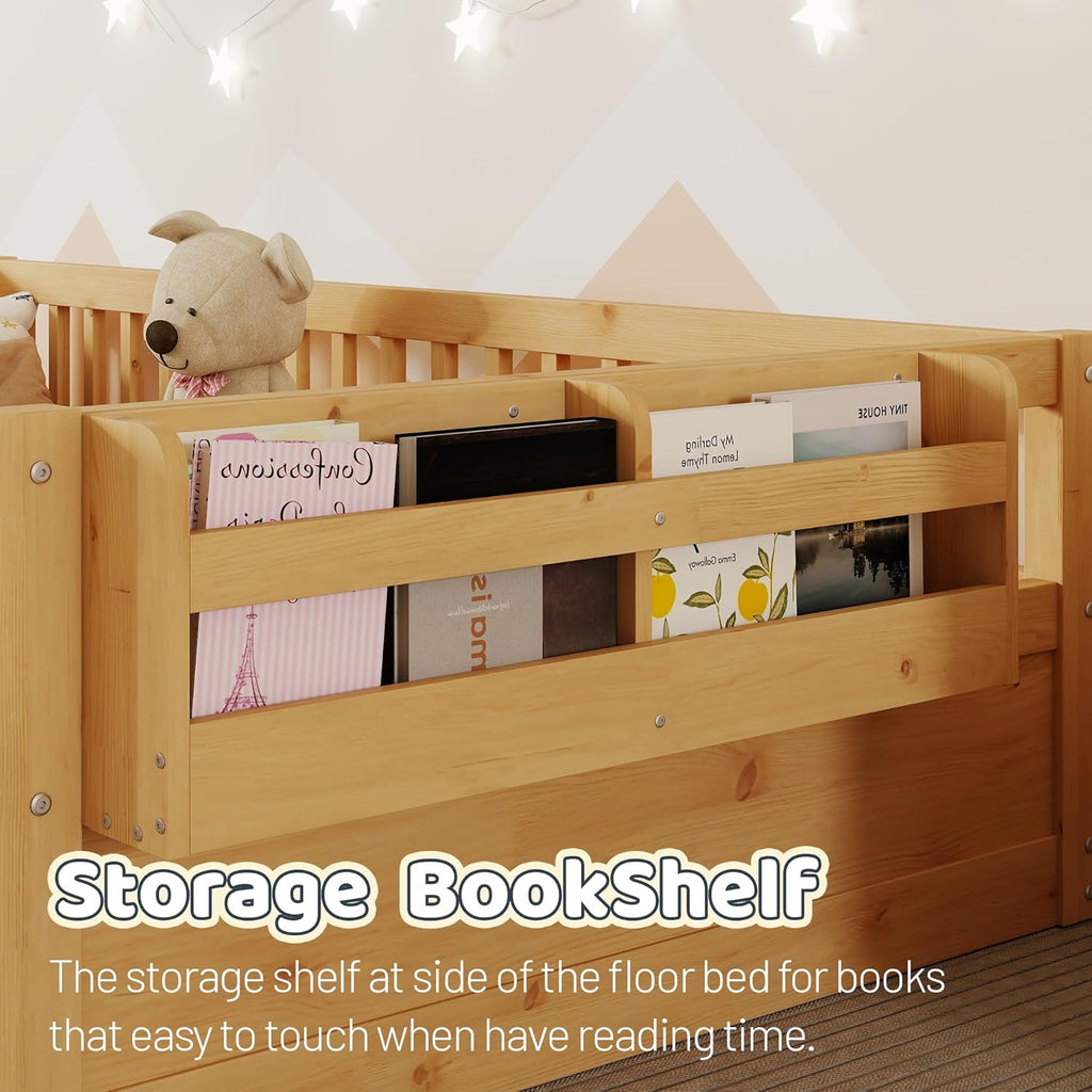Montessori Floor Bed with High Rails,Twin Size Floor Bed Frame for Kids, LED Lights & Storage Shelf, Safe & Wider Opening Gate Design, Playground & Sleep Space for Girls Boys,Natural