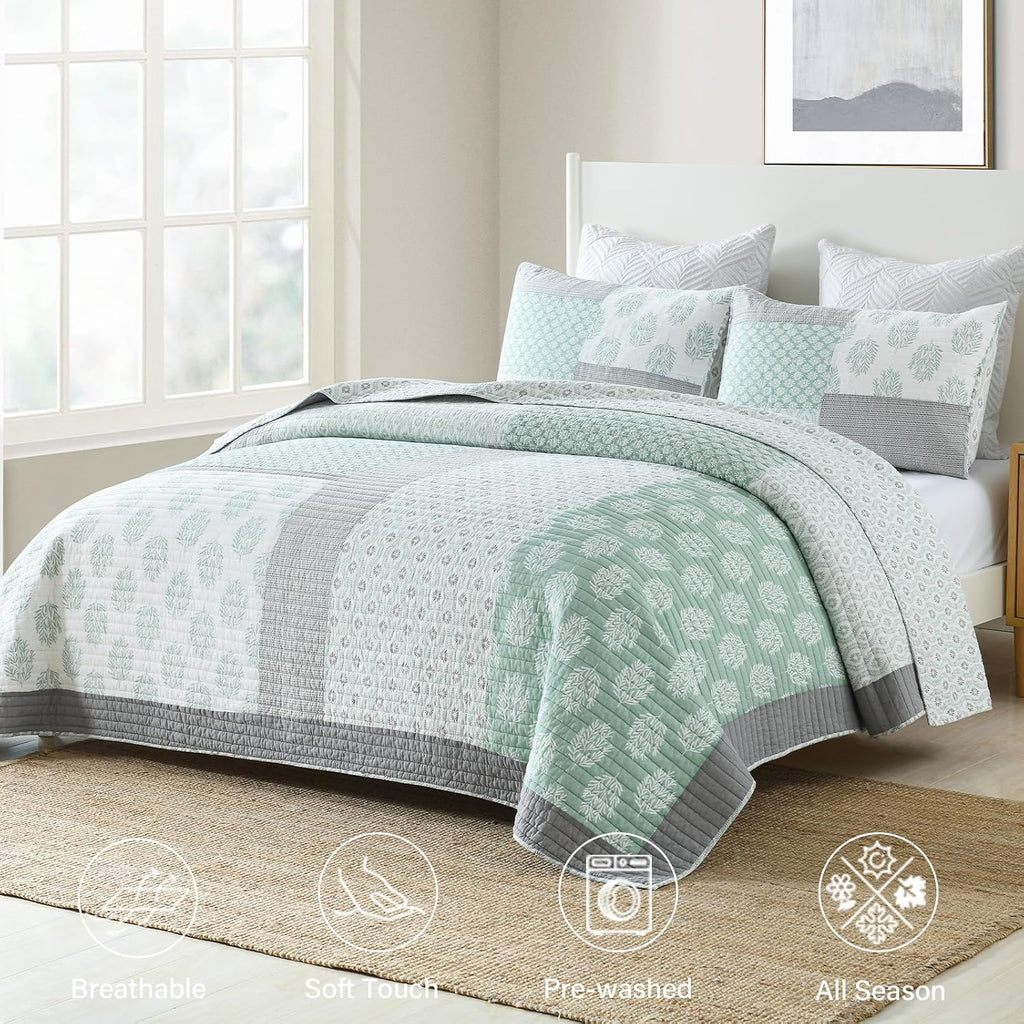Finlonte Quilts Queen Size, 100% Cotton Queen Comforter Set, Green Grey Farmhouse Quilted Bedspread, Patchwork Lightweight Reversible Quilt Bedding Set for Queen Bed, 3-Pieces