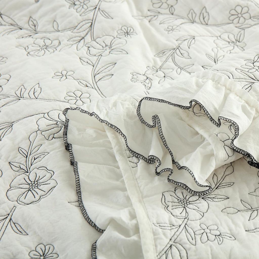 MarCielo 3-Piece 100% Cotton Bedspread Lightweight Quilt Coverlet Embroidery Farmhouse Bedding Set (Floral,Queen (98' X 90'))