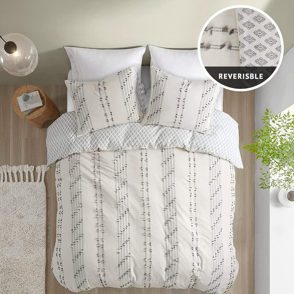INK+IVY Cotton Duvet Cover King Size - 100% Cotton Duvet Cover Set, Boho Bedding Set for All Seasons Farmhouse Bedding Duvet & Sets with 2 Pillowcase, Jacquard Stripes, Ivory 3 Piece King/Cal King