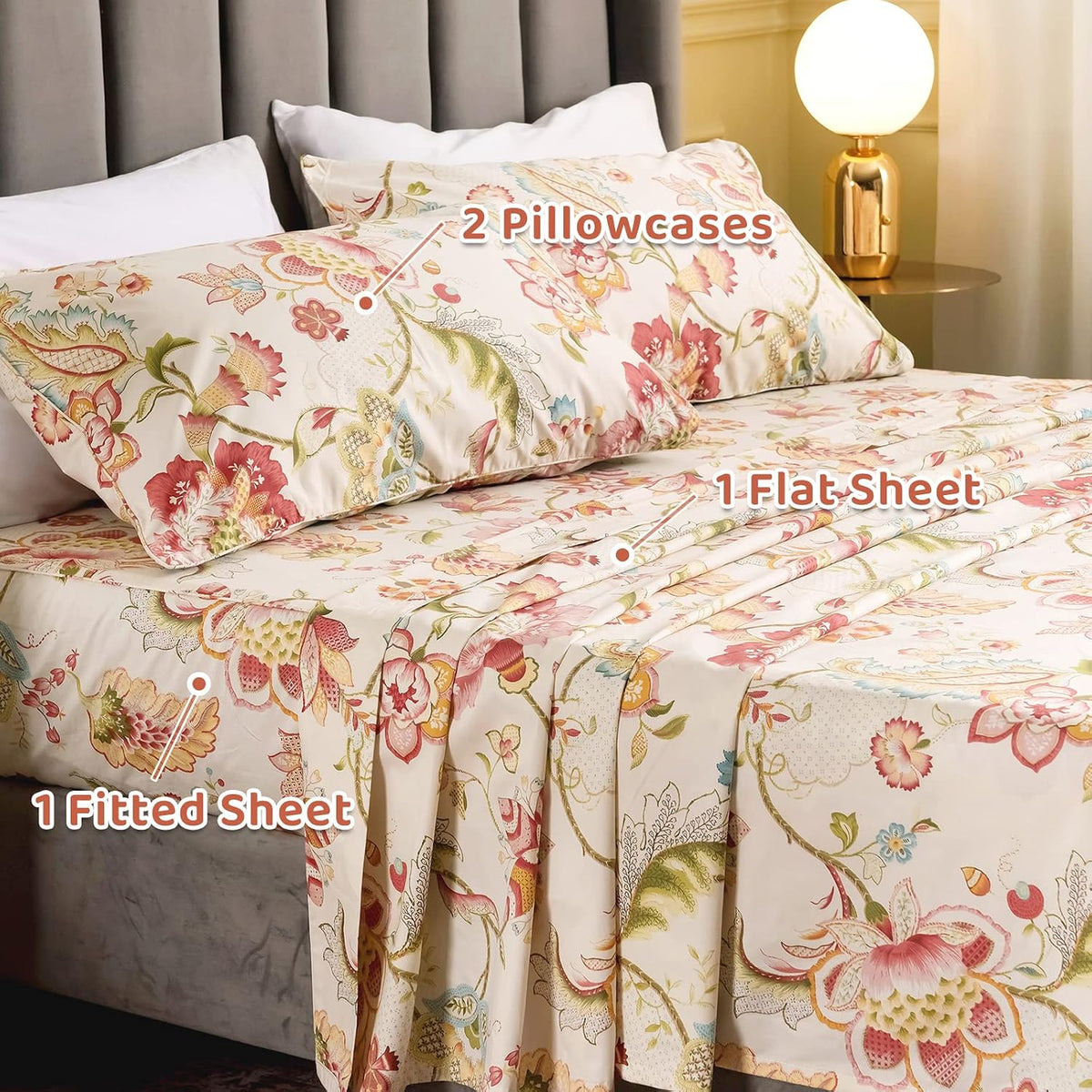 QSH Floral King Size Sheet Sets - Lotus Botanical Print Printed Bedding 100% Egyptian Cotton Sheets for King Size Bed Sheets with Deep Pockets Extra Soft and Breathable 4pcs