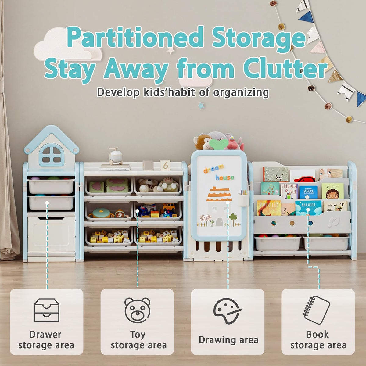 Kids Toy Storage Organizer with 10 Removable Bins, Foldable Toy Organizers and Storage with 3-Tier Bookshelf for Kids Toy Storage Organizer with Drawing Board, Extra 3 Brushes (4 In 1 Light Blue)