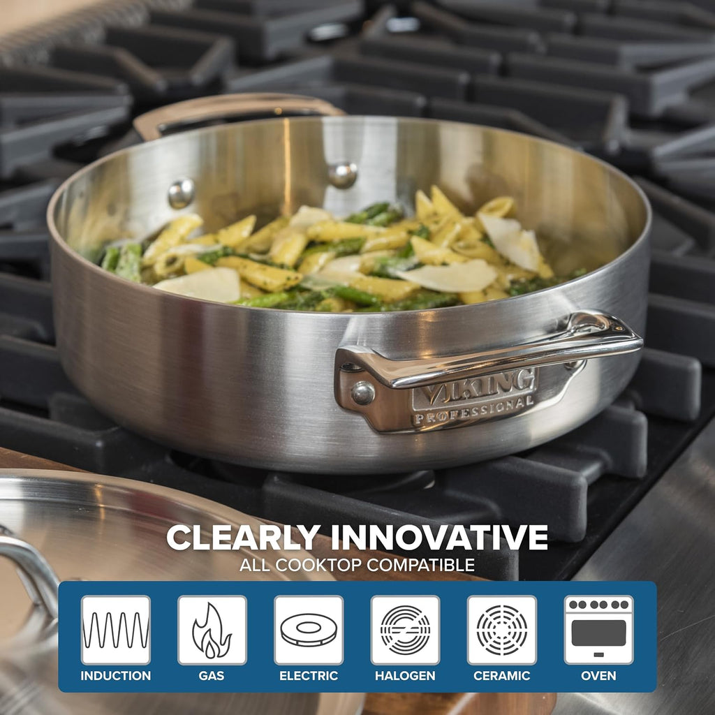 Viking 5-Ply Stainless Steel Casserole Pot with Lid, 3.4 Quart Cookware, Dishwasher and Oven Safe, Induction Ready, Satin Finish