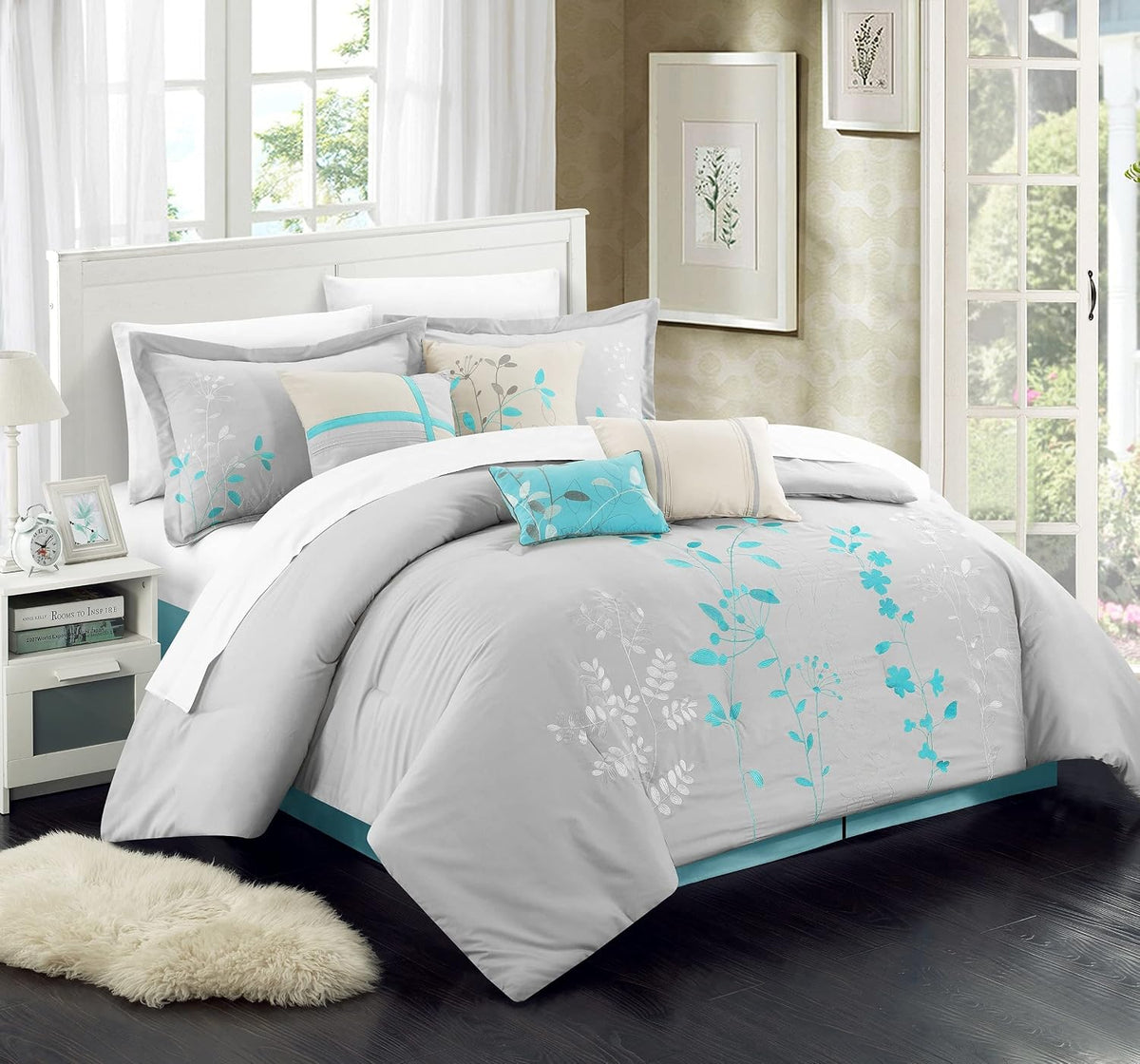 Chic Home 8 Piece Bliss Garden Comforter Set, King, Turquoise