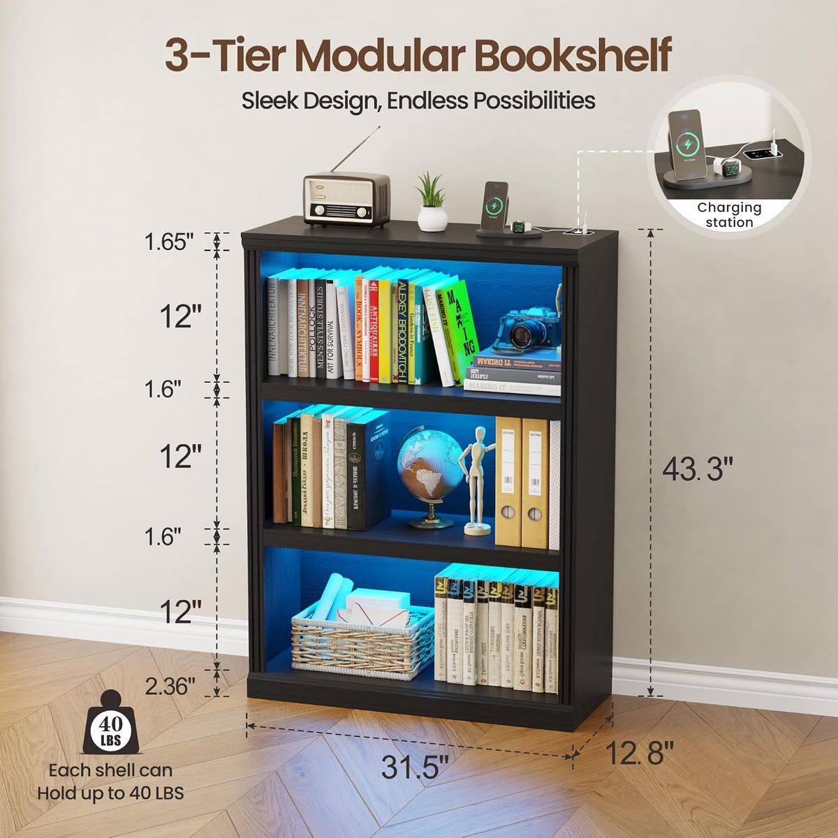 3-Tier LED Bookshelf with Motion Sensor Lights - USB Charging Module - Adjustable Modular Display Shelf 31.5 W x 43.3 H for Bedroom Living Room Home Office Gaming Room - Black