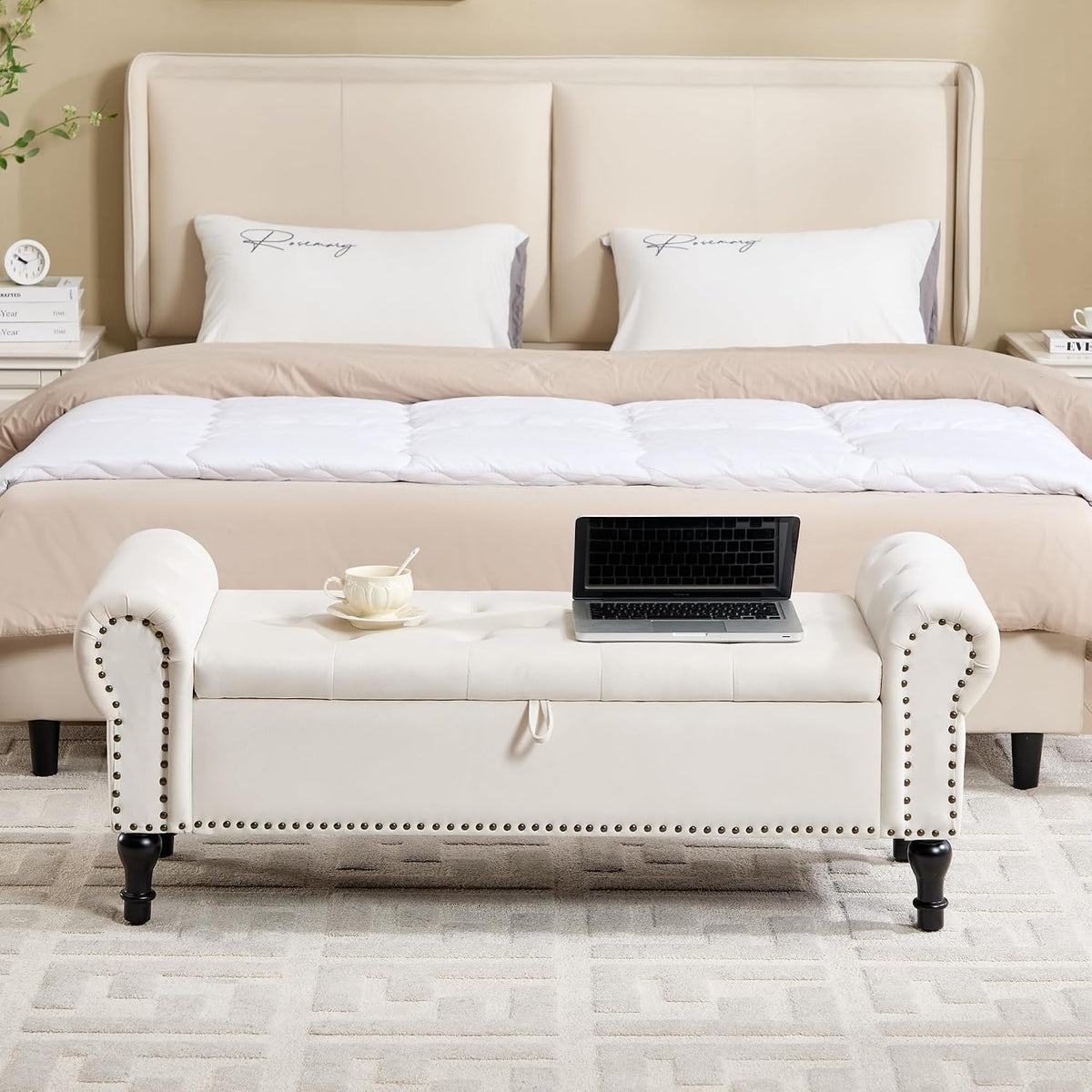 Storage Bench for Bedroom, 51' Upholstered End of Bed Bench, Velvet Queen Size Benches with Rolled Arms, Tufted Button Storage Long Ottoman, Living Room, Entryway, Beige