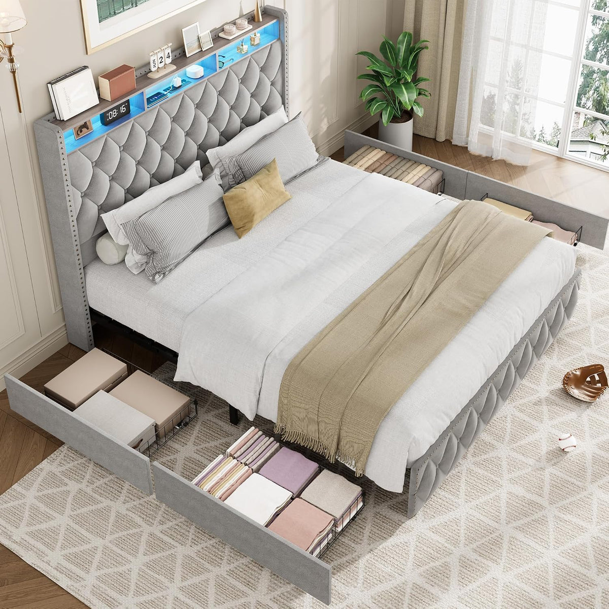 IDEALHOUSE King Size Bed Frame with 50.8' Tall Headboard and 4 Storage Drawers, Platform Velvet Upholstered Bed Frame with Charging Station, Led Lights, No Box Spring Needed, Easy Assembly, Grey
