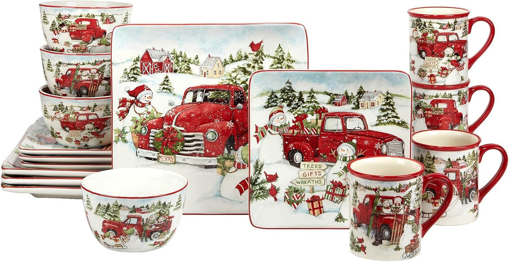 Red Truck Snowman 16 Pc Dinnerware Set Service for 4 Multi Color White Holiday Casual Modern Contemporary Square Piece Dishwasher Safe Microwave