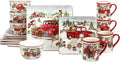 Red Truck Snowman 16 Pc Dinnerware Set Service for 4 Multi Color White Holiday Casual Modern Contemporary Square Piece Dishwasher Safe Microwave
