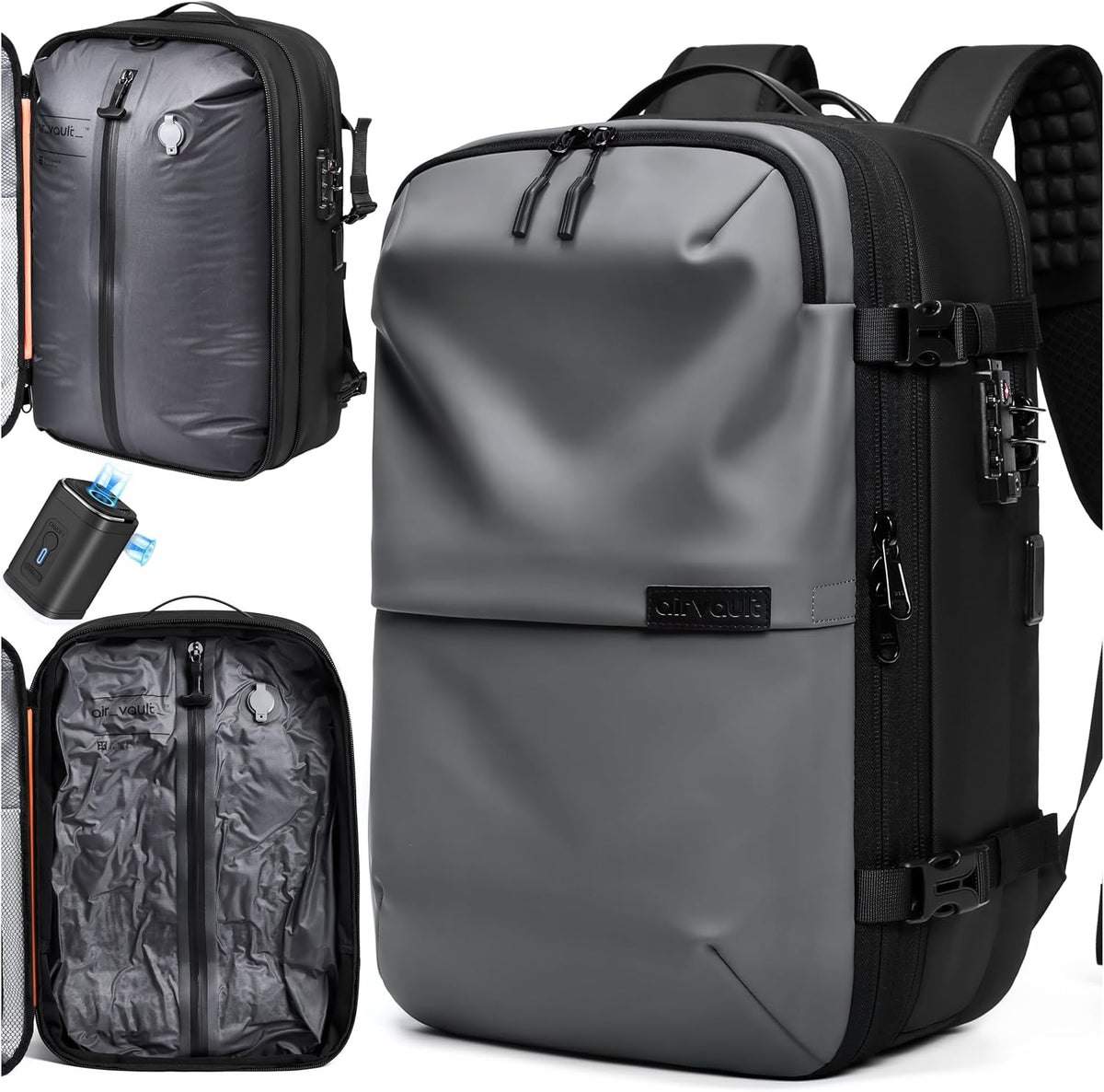 AirVault Vacuum Seal Travel Backpack 60L with Expandable HyperSeal Air Compression Vacuum System Water Resistant TSA Lock (Vacuum Pump Included, Gray, 60L)
