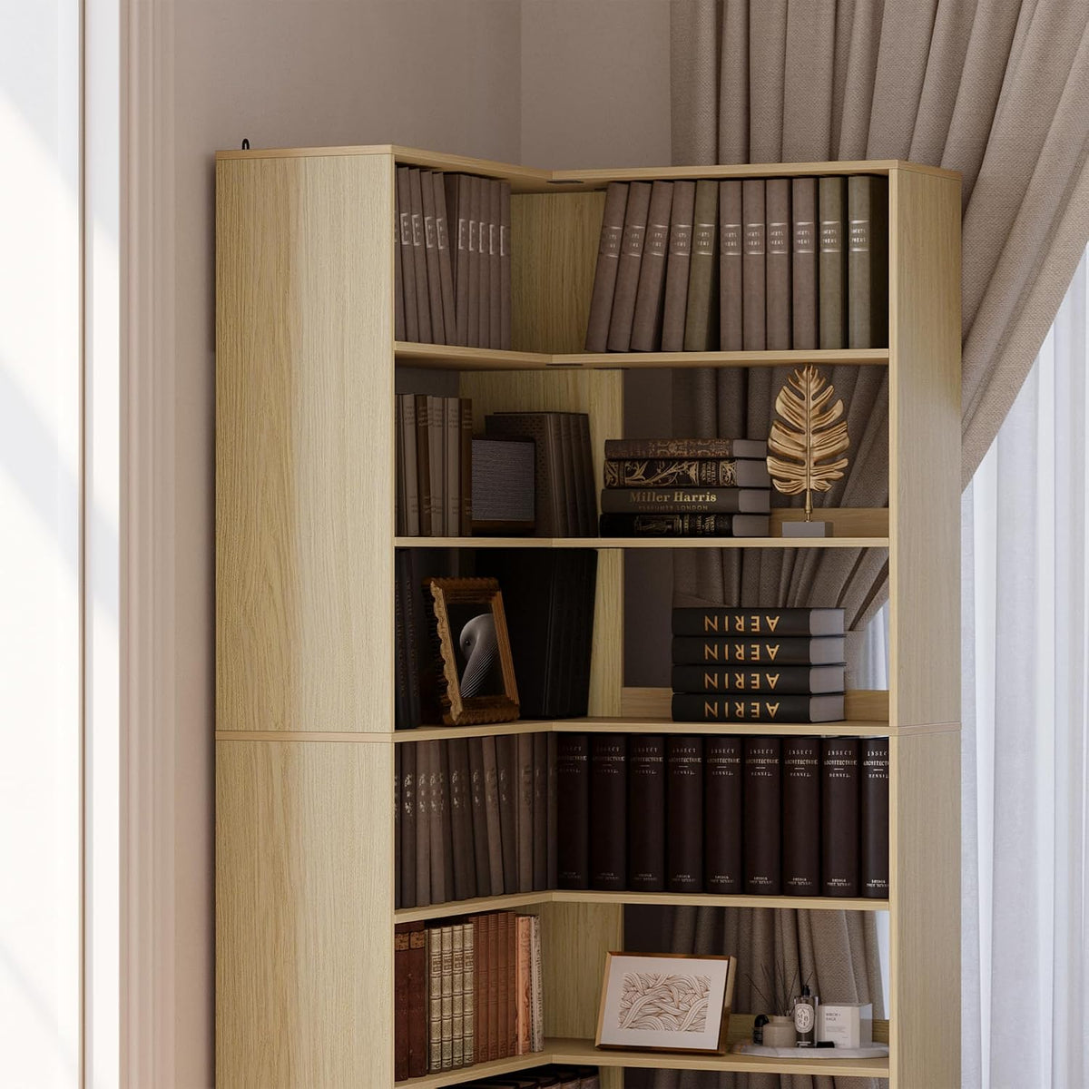 Corner Book Shelf, 6 Tier 73 Inch Tall Corner Bookshelf with Open Storage, Wood L Shaped Bookcase Storage Display Rack for Home Office, Light Walnut