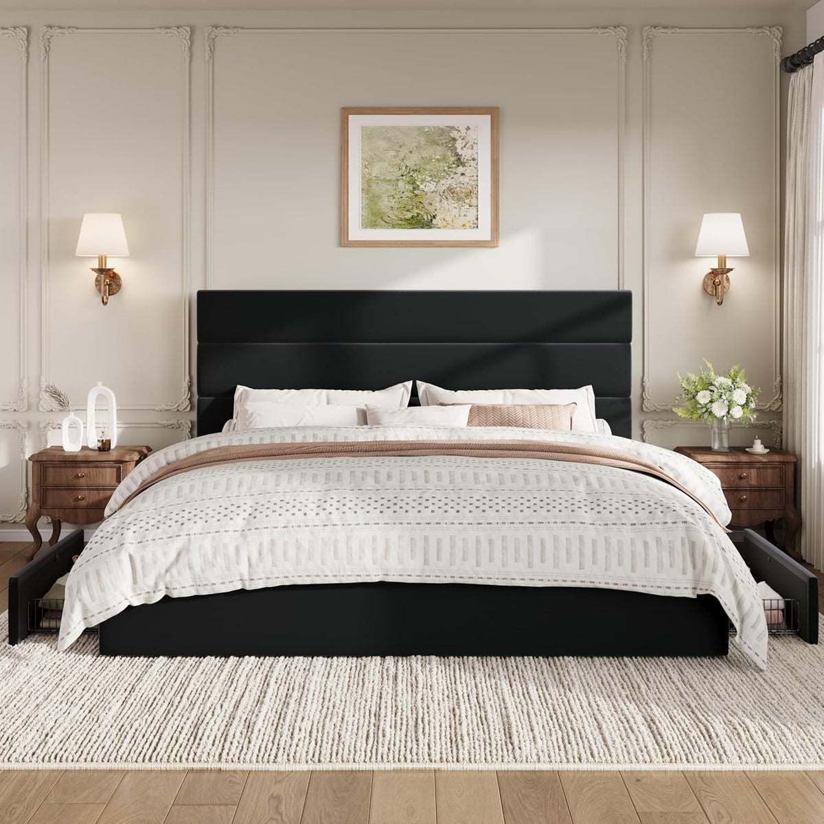 SHA CERLIN King Size Platform Bed Frame with 4 Storage Drawers, Velvet Upholstered Headboard, Mattress Foundation with Wooden Slats Support, No Box Spring Needed, Easy Assembly, Black