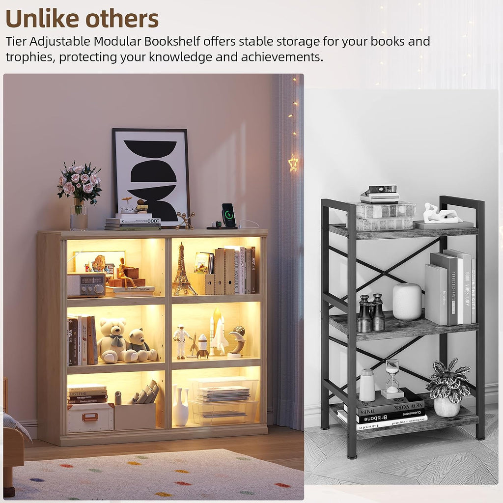 6-Cube LED Bookshelf with Motion Sensor Lights - USB Type-C Charging Module - Modern Cube Organizer Display Shelf 47.24 W x 43.31 H for Bedroom Living Room Apartment Home Office - Natural Wood